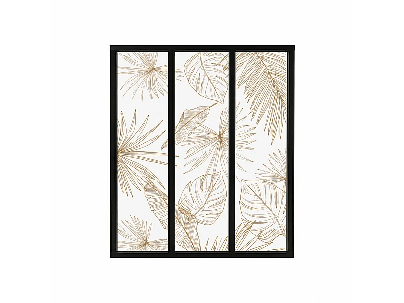 Verrière atelier intérieure aluminium noir 3 vitrages 102 x 117 cm - Décor végétal - Lamnar Kola - ocre et transparent - Verre trempé