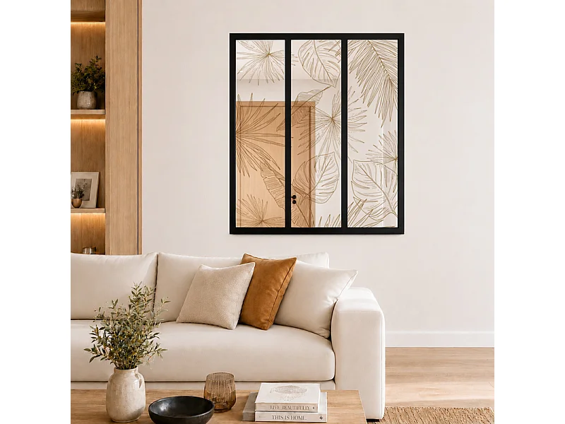Verrière atelier intérieure aluminium noir 3 vitrages 102 x 117 cm - Décor végétal - Lamnar Kola - ocre et transparent - Verre trempé