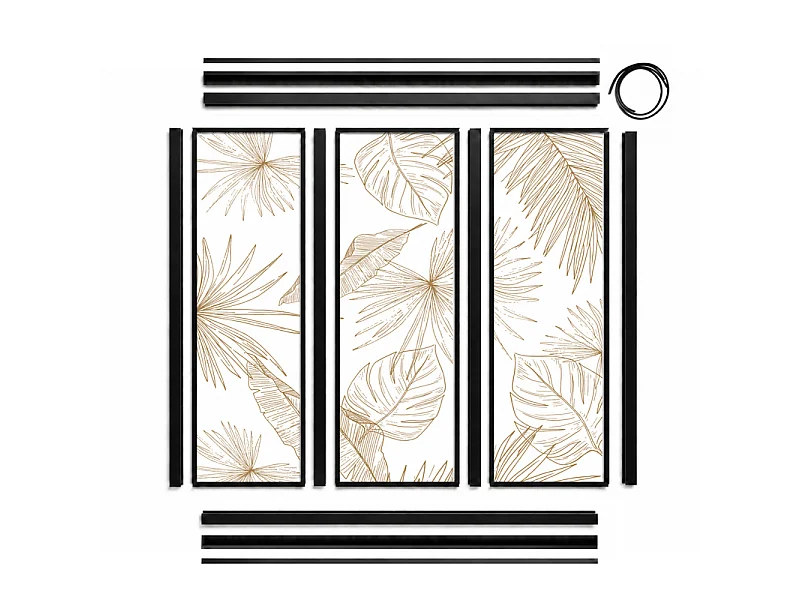 Verrière atelier intérieure aluminium noir 3 vitrages 102 x 117 cm - Décor végétal - Lamnar Kola - ocre et transparent - Verre trempé