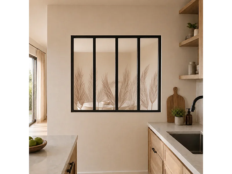 Verrière atelier intérieure aluminium noir 4 vitrages 135 x 117 cm - Décor végétal - Pampa - ocre et transparent - Verre trempé