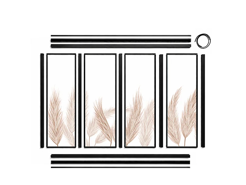 Verrière atelier intérieure aluminium noir 4 vitrages 135 x 117 cm - Décor végétal - Pampa - ocre et transparent - Verre trempé