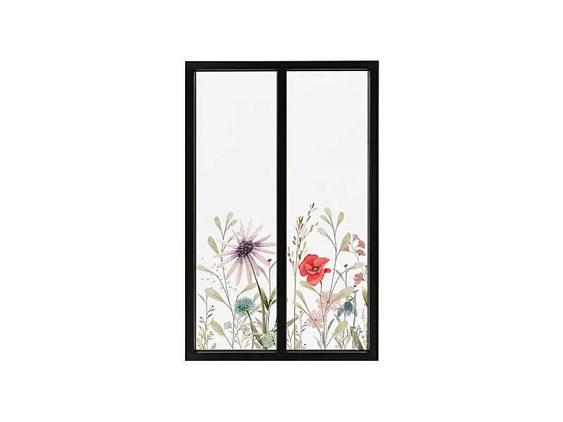 Verrière atelier intérieure aluminium noir 2 vitrages 69 x 117 cm - Décor végétal - Herbier - rouge et vert et transparent - Verre trempé