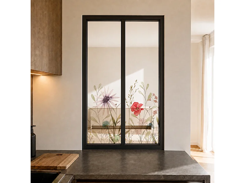 Verrière atelier intérieure aluminium noir 2 vitrages 69 x 117 cm - Décor végétal - Herbier - rouge et vert et transparent - Verre trempé
