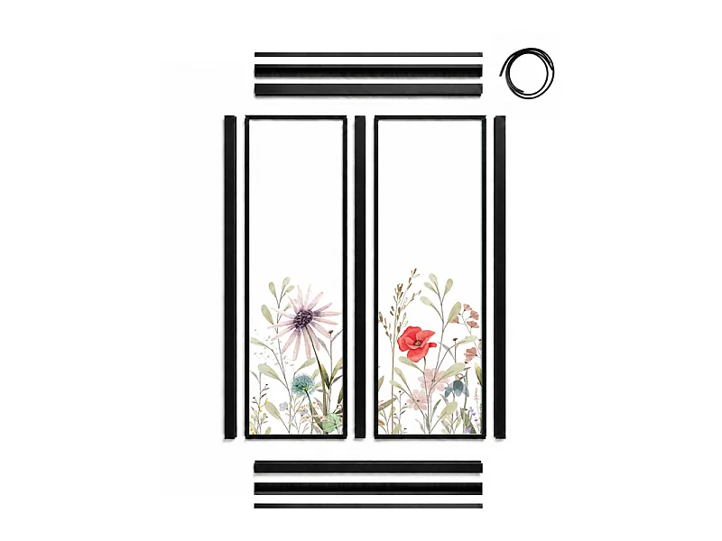Verrière atelier intérieure aluminium noir 2 vitrages 69 x 117 cm - Décor végétal - Herbier - rouge et vert et transparent - Verre trempé