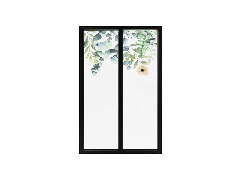 Verrière atelier intérieure aluminium noir 2 vitrages 69 x 117 cm - Décor végétal - Flowers in Rain - vert et transparent - Verre trempé