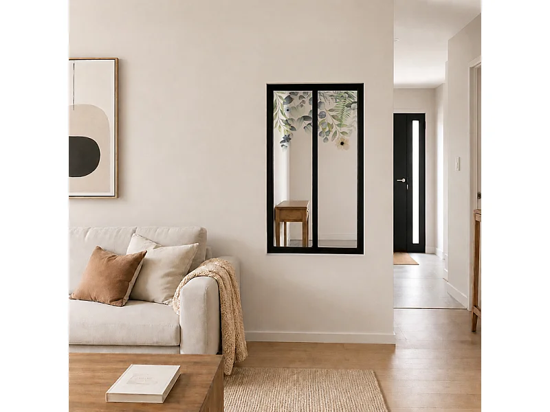 Verrière atelier intérieure aluminium noir 2 vitrages 69 x 117 cm - Décor végétal - Flowers in Rain - vert et transparent - Verre trempé