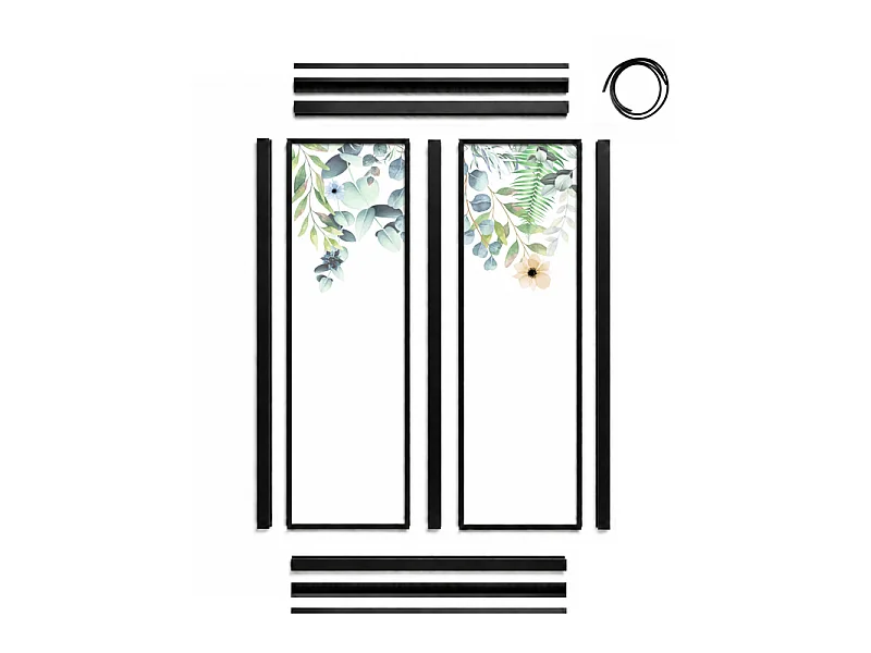 Verrière atelier intérieure aluminium noir 2 vitrages 69 x 117 cm - Décor végétal - Flowers in Rain - vert et transparent - Verre trempé