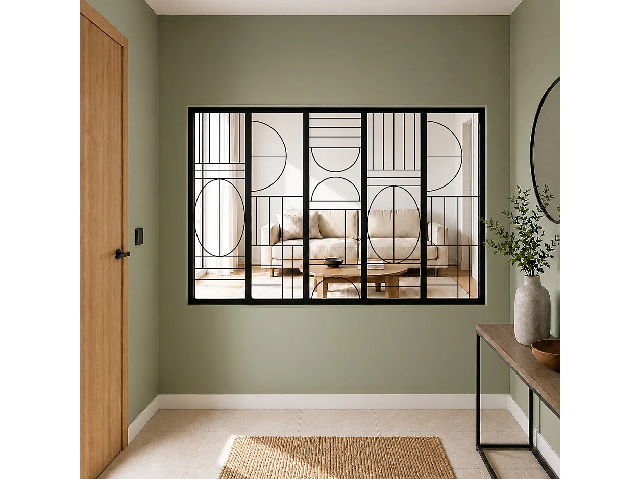 Verrière atelier intérieure aluminium noir 5 vitrages 168 x 117 cm - Décor art déco - Ovaline - noir et transparent - Verre trempé