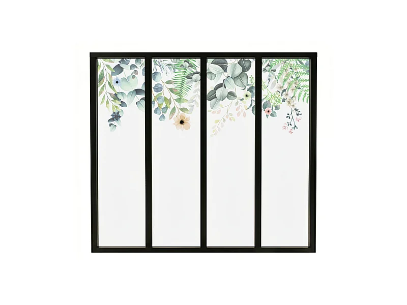 Verrière atelier intérieure aluminium noir 4 vitrages 135 x 117 cm - Décor végétal - Flowers in Rain - vert et transparent - Verre trempé