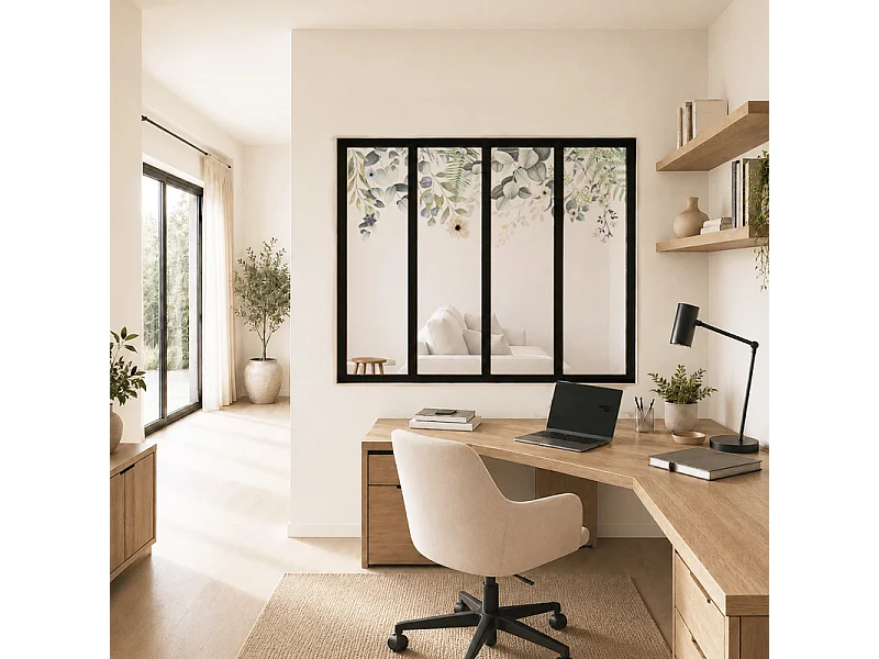 Verrière atelier intérieure aluminium noir 4 vitrages 135 x 117 cm - Décor végétal - Flowers in Rain - vert et transparent - Verre trempé