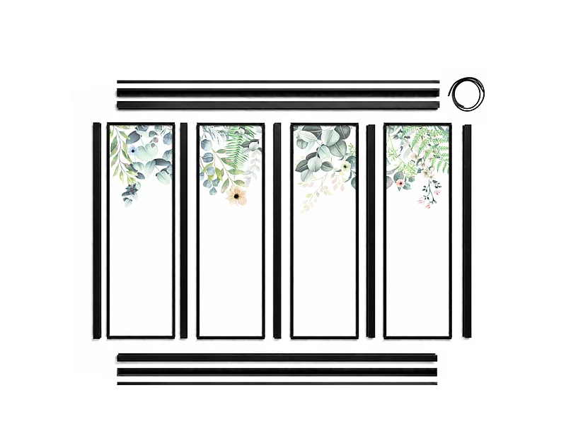 Verrière atelier intérieure aluminium noir 4 vitrages 135 x 117 cm - Décor végétal - Flowers in Rain - vert et transparent - Verre trempé