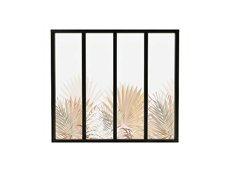 Verrière atelier intérieure aluminium noir 4 vitrages 135 x 117 cm - Décor végétal - Gaïa - beige et transparent - Verre trempé