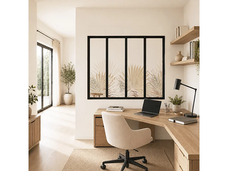 Verrière atelier intérieure aluminium noir 4 vitrages 135 x 117 cm - Décor végétal - Gaïa - beige et transparent - Verre trempé