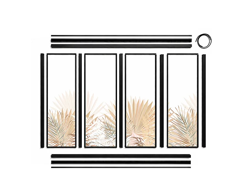 Verrière atelier intérieure aluminium noir 4 vitrages 135 x 117 cm - Décor végétal - Gaïa - beige et transparent - Verre trempé