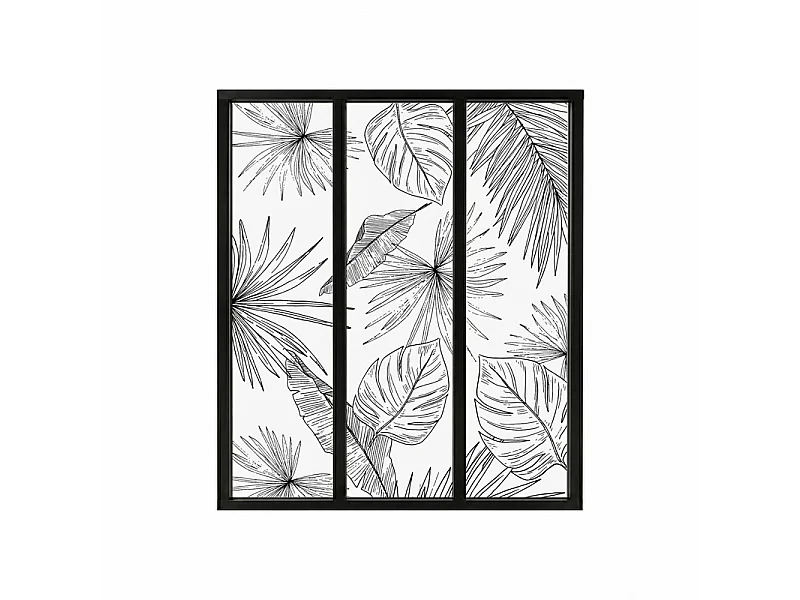 Verrière atelier intérieure aluminium noir 3 vitrages 102 x 117 cm - Décor végétal - Lamnar Noir - noir et transparent - Verre trempé