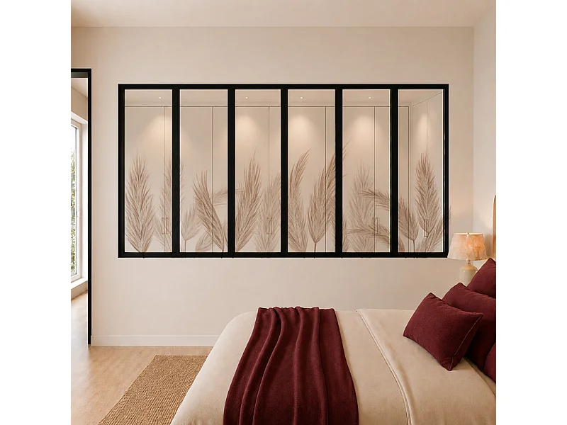 Verrière atelier intérieure aluminium noir 6 vitrages 201 x 117 cm - Décor végétal - Pampa - ocre et transparent - Verre trempé