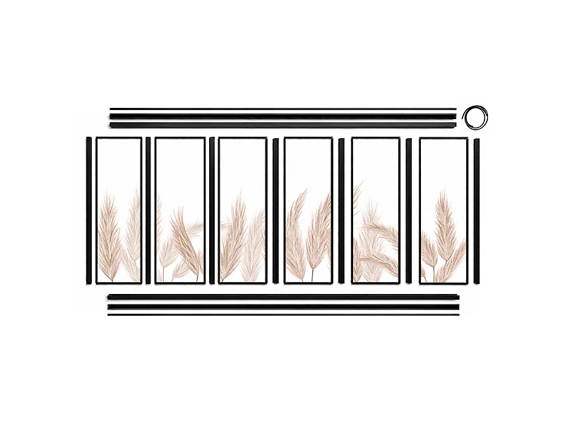 Verrière atelier intérieure aluminium noir 6 vitrages 201 x 117 cm - Décor végétal - Pampa - ocre et transparent - Verre trempé