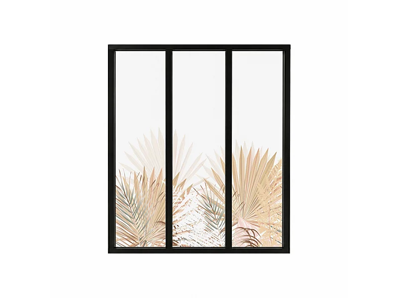 Verrière atelier intérieure aluminium noir 3 vitrages 102 x 117 cm - Décor végétal - Gaïa - beige et transparent - Verre trempé