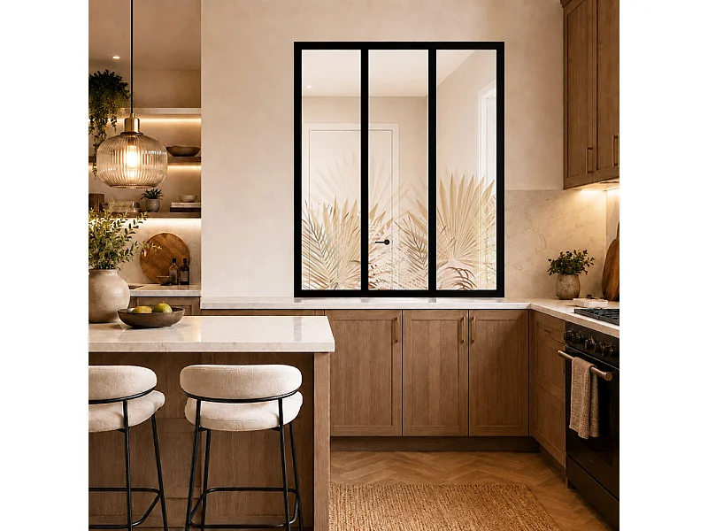 Verrière atelier intérieure aluminium noir 3 vitrages 102 x 117 cm - Décor végétal - Gaïa - beige et transparent - Verre trempé