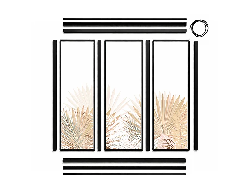 Verrière atelier intérieure aluminium noir 3 vitrages 102 x 117 cm - Décor végétal - Gaïa - beige et transparent - Verre trempé