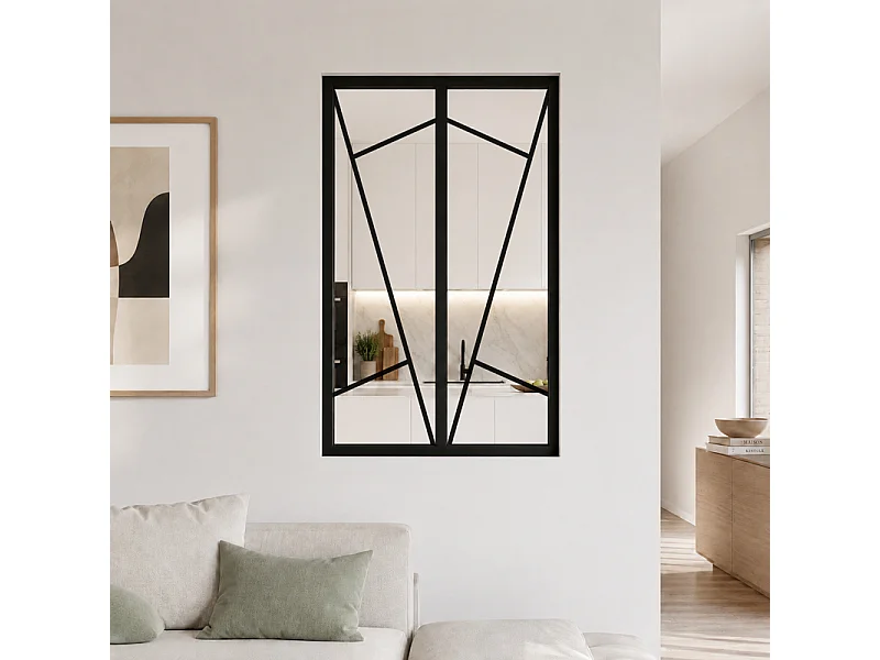 Verrière atelier intérieure aluminium noir 2 vitrages 69 x 117 cm - Décor art déco - Prisme - noir et transparent - Verre trempé