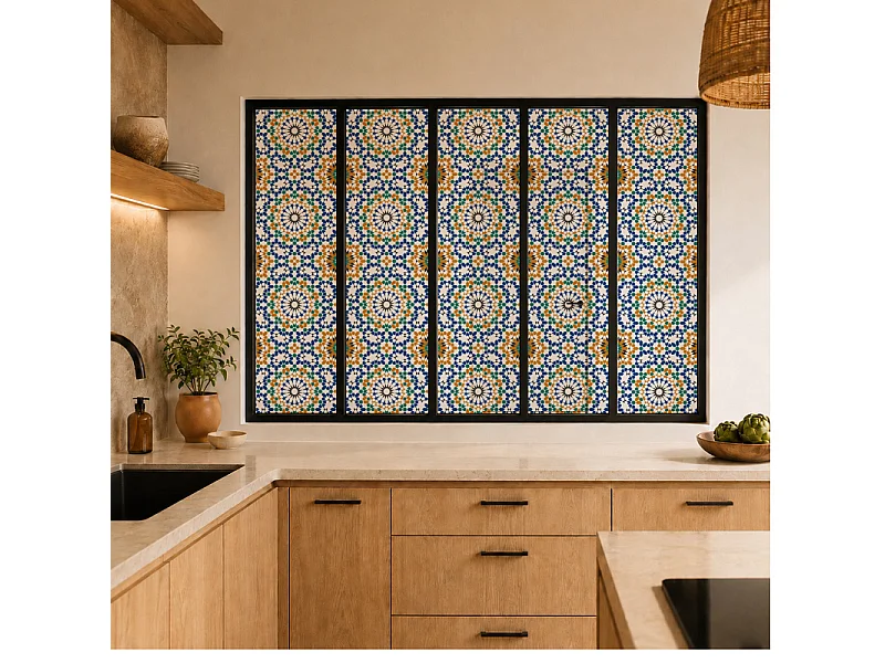 Verrière atelier intérieure aluminium noir 5 vitrages 168 x 117 cm - Décor oriental - Zeljane - bleu et multicolore et transparent - Verre trempé