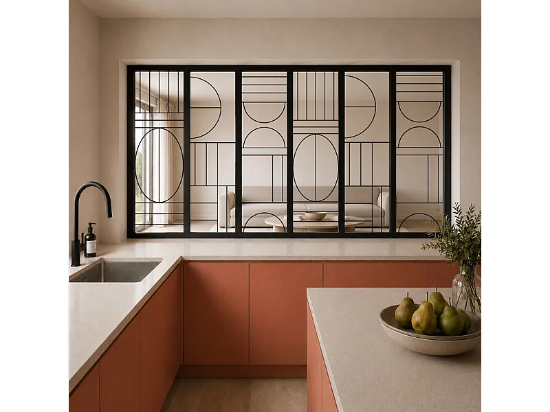Verrière atelier intérieure aluminium noir 6 vitrages 201 x 117 cm - Décor art déco - Ovaline - noir et transparent - Verre trempé