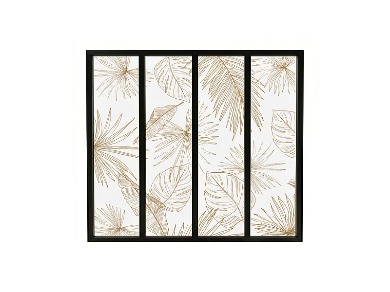Verrière atelier intérieure aluminium noir 4 vitrages 135 x 117 cm - Décor végétal - Lamnar Kola - ocre et transparent - Verre trempé