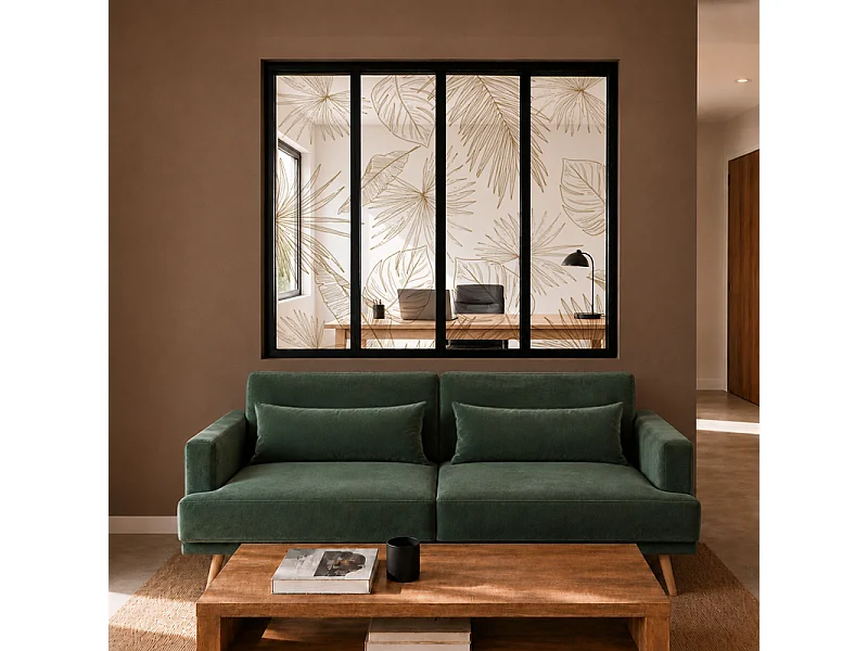 Verrière atelier intérieure aluminium noir 4 vitrages 135 x 117 cm - Décor végétal - Lamnar Kola - ocre et transparent - Verre trempé
