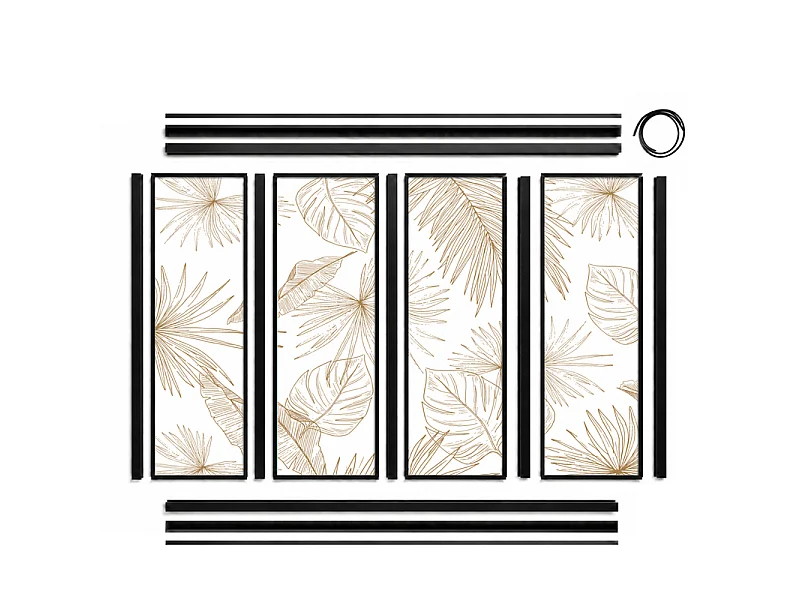 Verrière atelier intérieure aluminium noir 4 vitrages 135 x 117 cm - Décor végétal - Lamnar Kola - ocre et transparent - Verre trempé