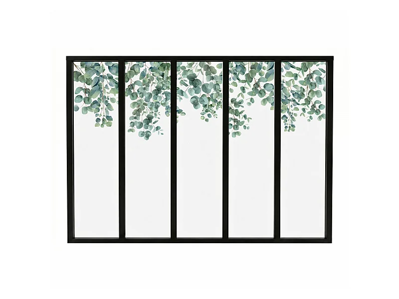 Verrière atelier intérieure aluminium noir 5 vitrages 168 x 117 cm - Décor végétal - Eucalyptus in Rain - vert et transparent - Verre trempé