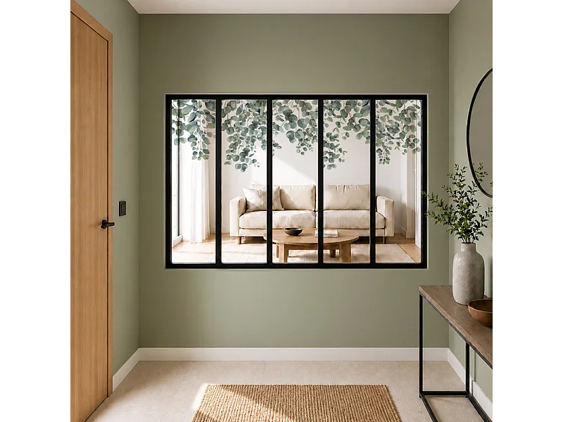 Verrière atelier intérieure aluminium noir 5 vitrages 168 x 117 cm - Décor végétal - Eucalyptus in Rain - vert et transparent - Verre trempé