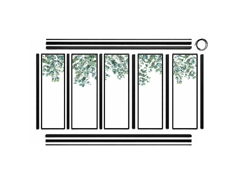 Verrière atelier intérieure aluminium noir 5 vitrages 168 x 117 cm - Décor végétal - Eucalyptus in Rain - vert et transparent - Verre trempé