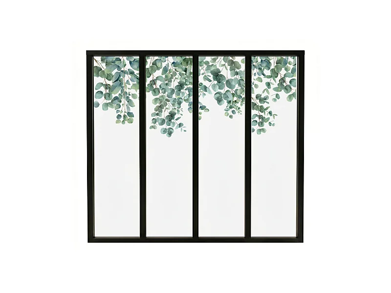 Verrière atelier intérieure aluminium noir 4 vitrages 135 x 117 cm - Décor végétal - Eucalyptus in Rain - vert et transparent - Verre trempé