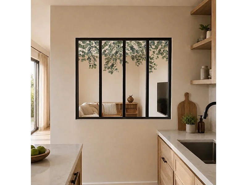 Verrière atelier intérieure aluminium noir 4 vitrages 135 x 117 cm - Décor végétal - Eucalyptus in Rain - vert et transparent - Verre trempé