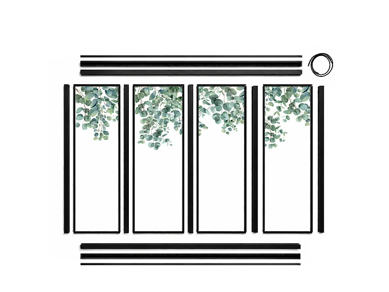 Verrière atelier intérieure aluminium noir 4 vitrages 135 x 117 cm - Décor végétal - Eucalyptus in Rain - vert et transparent - Verre trempé