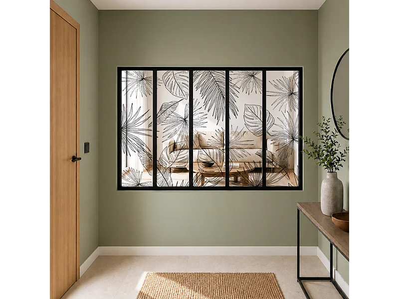 Verrière atelier intérieure aluminium noir 5 vitrages 168 x 117 cm - Décor végétal - Lamnar Noir - noir et transparent - Verre trempé