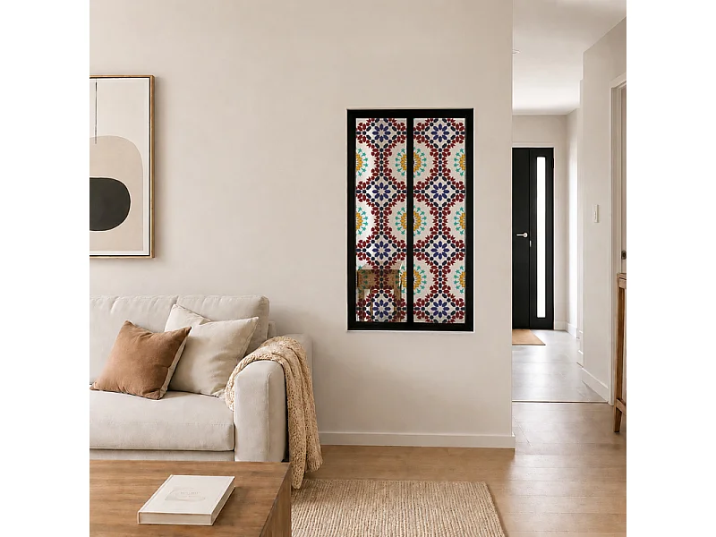 Verrière atelier intérieure aluminium noir 2 vitrages 69 x 117 cm - Décor oriental - Taljane - bleu et multicolore et transparent - Verre trempé