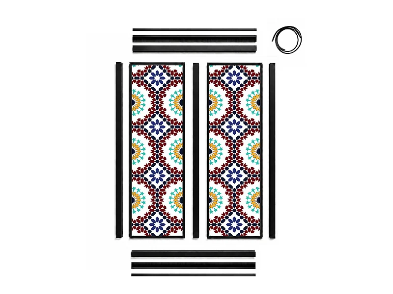 Verrière atelier intérieure aluminium noir 2 vitrages 69 x 117 cm - Décor oriental - Taljane - bleu et multicolore et transparent - Verre trempé