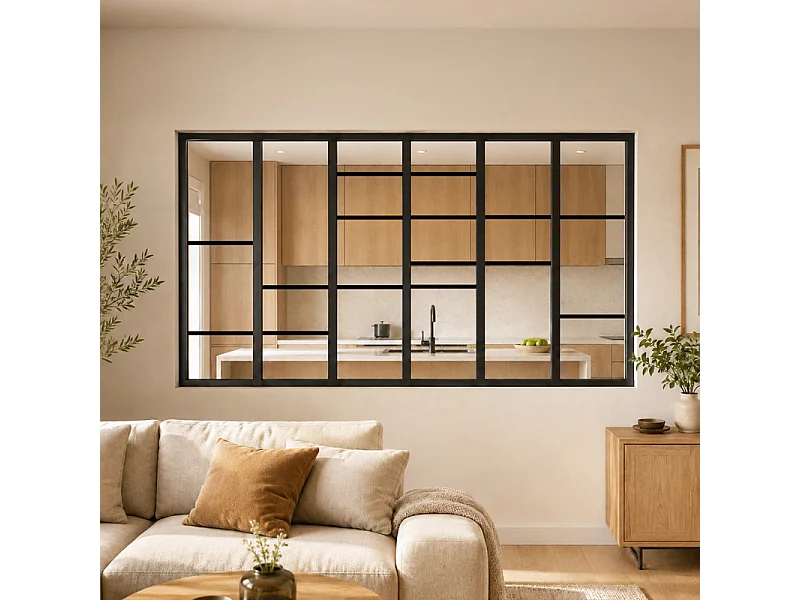 Verrière atelier intérieure aluminium noir 6 vitrages 201 x 117 cm - Décor géométrique - Horizon - noir et transparent - Verre trempé