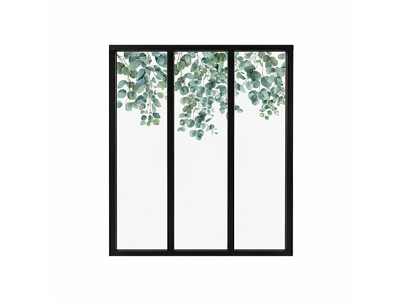 Verrière atelier intérieure aluminium noir 3 vitrages 102 x 117 cm - Décor végétal - Eucalyptus in Rain - vert et transparent - Verre trempé