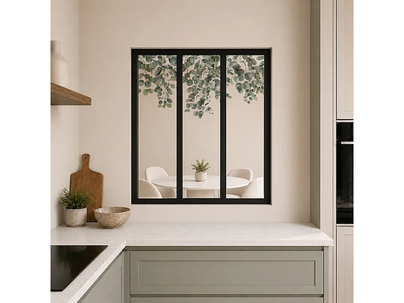 Verrière atelier intérieure aluminium noir 3 vitrages 102 x 117 cm - Décor végétal - Eucalyptus in Rain - vert et transparent - Verre trempé