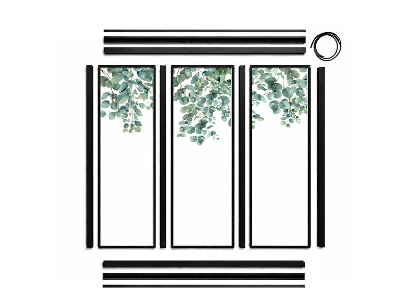 Verrière atelier intérieure aluminium noir 3 vitrages 102 x 117 cm - Décor végétal - Eucalyptus in Rain - vert et transparent - Verre trempé