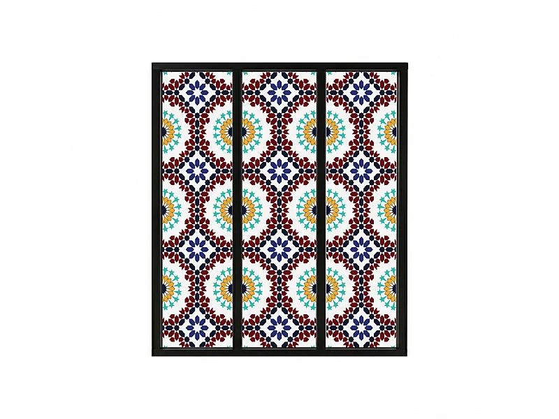 Verrière atelier intérieure aluminium noir 3 vitrages 102 x 117 cm - Décor oriental - Taljane - bleu et multicolore et transparent - Verre trempé