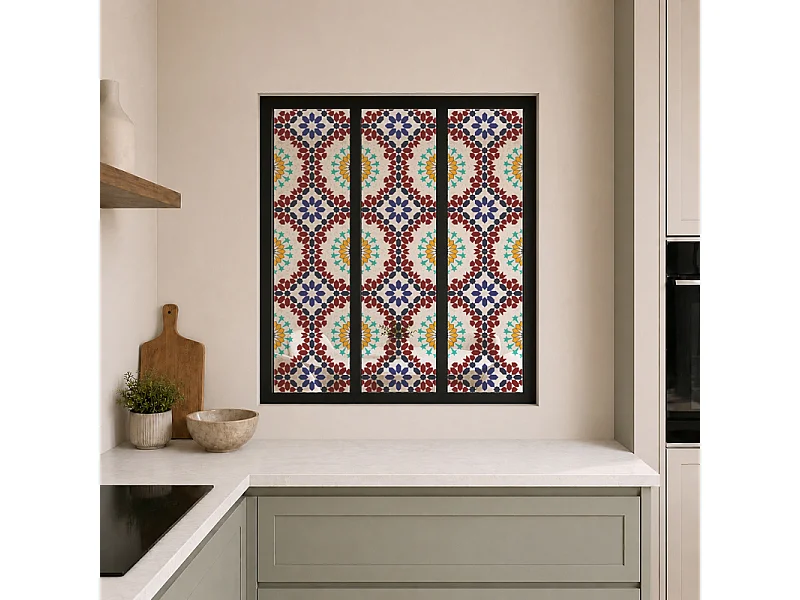 Verrière atelier intérieure aluminium noir 3 vitrages 102 x 117 cm - Décor oriental - Taljane - bleu et multicolore et transparent - Verre trempé