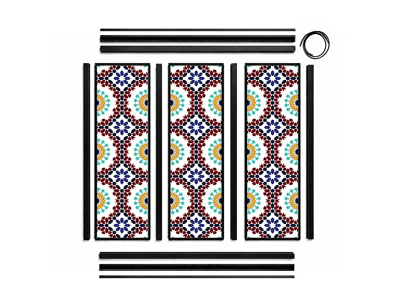 Verrière atelier intérieure aluminium noir 3 vitrages 102 x 117 cm - Décor oriental - Taljane - bleu et multicolore et transparent - Verre trempé