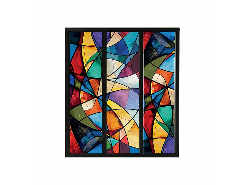 Verrière atelier intérieure aluminium noir 3 vitrages 102 x 117 cm - Décor géométrique - Virtuoso - multicolore et transparent - Verre trempé