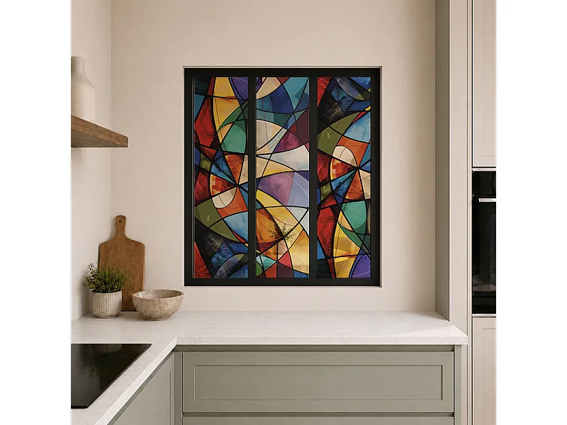 Verrière atelier intérieure aluminium noir 3 vitrages 102 x 117 cm - Décor géométrique - Virtuoso - multicolore et transparent - Verre trempé