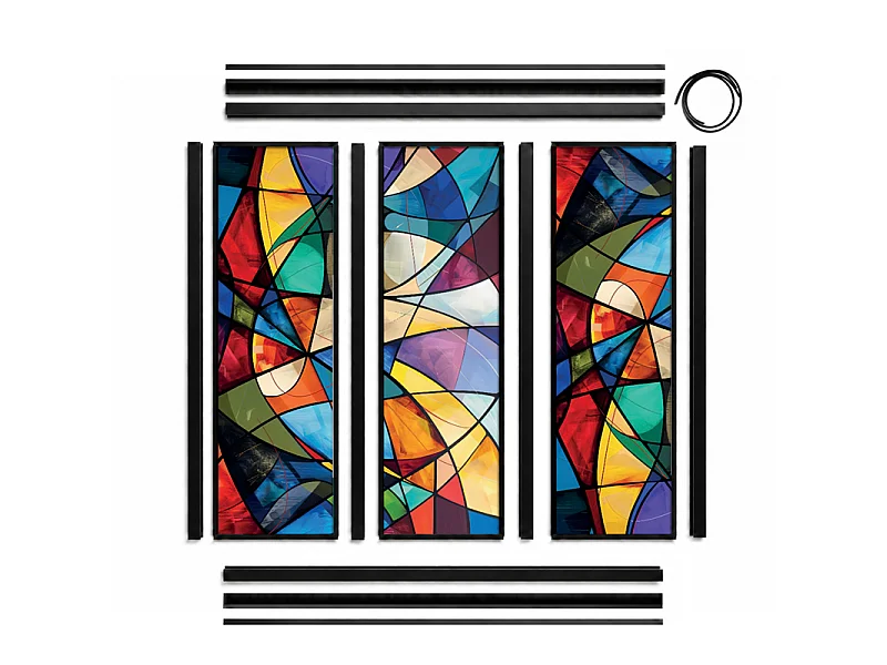 Verrière atelier intérieure aluminium noir 3 vitrages 102 x 117 cm - Décor géométrique - Virtuoso - multicolore et transparent - Verre trempé