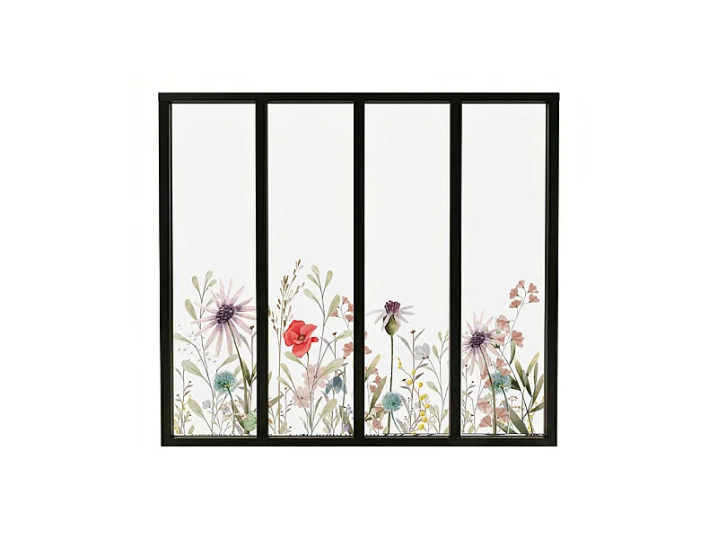 Verrière atelier intérieure aluminium noir 4 vitrages 135 x 117 cm - Décor végétal - Herbier - rouge et vert et transparent - Verre trempé
